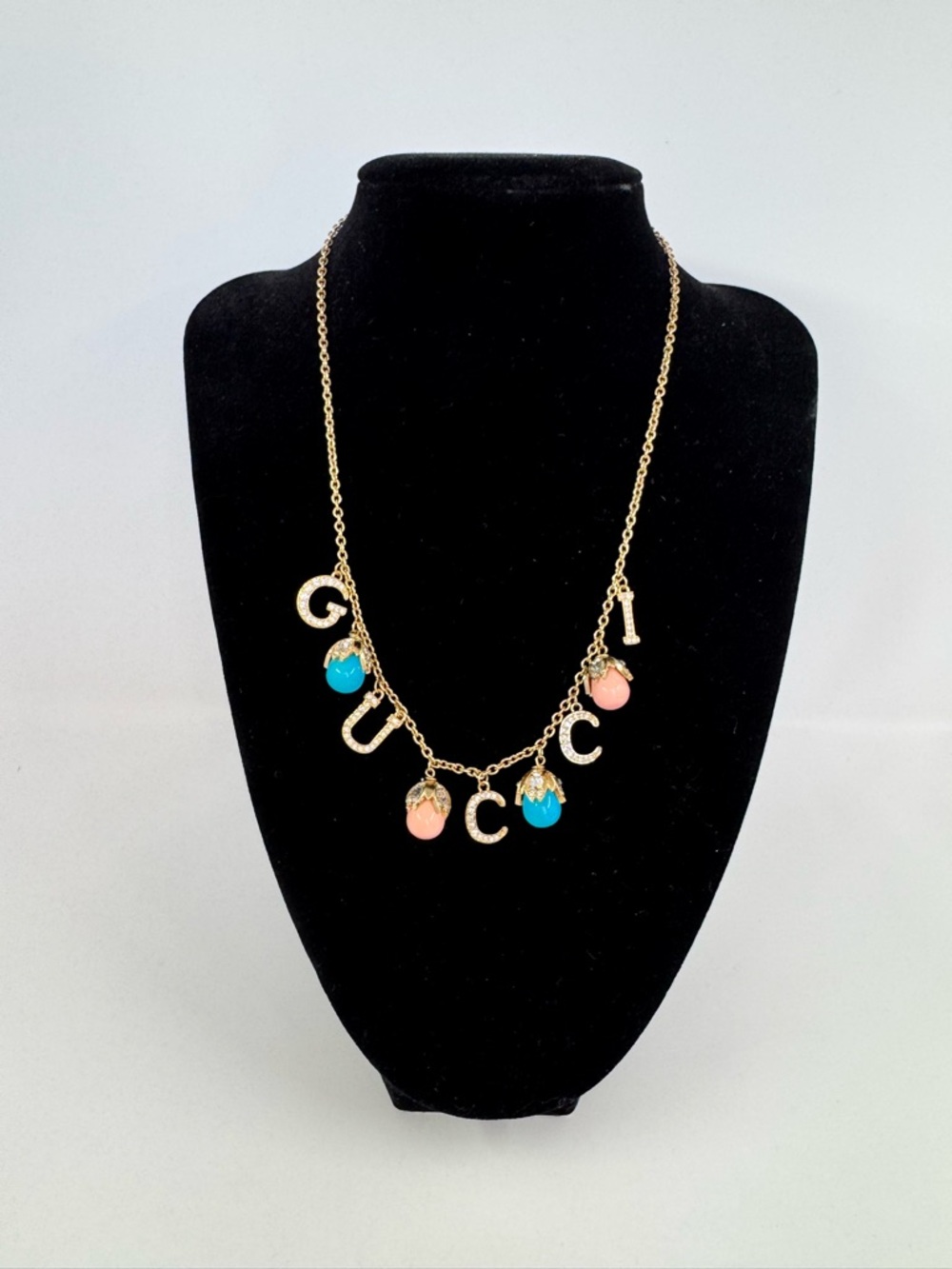 Authentic Gucci Gold-Tone Charm Necklace with Pink & Turquoise Drops
